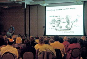 Matt Horn, owner of Matterhorn Nursery, gives a presentation on pond construction