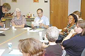 Barbara McCaskill, associate professor of English at the University of Georgia, speaks during a group discussion led by Irene Brown, emeritus professor of family studies, and Richard Brown, director of the Humanities Institute.
