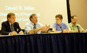 A panel of high school teachers and administrators discuss the transition from high school to college during a conference held in Rome Ballroom in July. The panelists are, from left, John Bedlack of Windsor High School, Bob Lamperelli of Montville High School, and Ronnie LeDuc and John Duffy of Torrington High School.