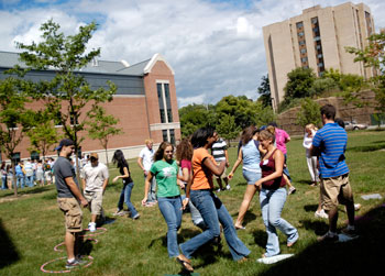 Incoming freshmen at the Waterbury Campus participate in an icebreaker activity during orientation Aug. 24. This year's new student orientation included tours of the city, part of a growing focus on ties between the regional campuses and local communities.