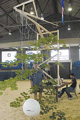 Mark Rudnicki, assistant professor of natural resources management and engineering, conducts research in the Ratcliffe Hicks Arena on how branches move. Undergraduate student Mike Tosca, right, helps analyze the data. 