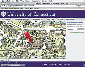 Searching on the new interactive map of the Storrs campus quickly identifies buildings. 