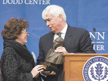 Louise Arbour, UN High Commissioner for Human Rights, and Sen. Christopher Dodd during the award ceremony for this year's Dodd Prize in International Justice and Human Rights. The event was held on the Dodd Center Plaza on Oct. 17. 