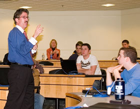 Chet Wood, chairman and CEO of Deloitte Tax LLP, a subsidiary of Deloitte & Touche, speaks to an accounting class in the School of Business.