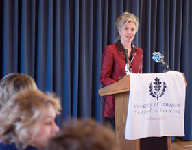Lynn Allchin, assistant professor of nursing, speakers during the nursing summit held at the School of Law.