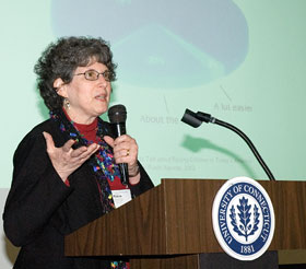 Diane Levin, author and educator, speaks at the media literarcy conference March 31 in the Bishop Center.