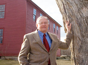 Wayne Franklin, the new head of American Studies, is an expert on James Fenimore Cooper. He stands in front of the Nathan Hale Homestead in Coventry, Conn.