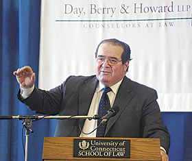 Supreme Court Justice Antonin Scalia speaks at the law school April 12.