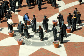 Students line up on Fairfield Way before the afternoon Commencement ceremony May 7.