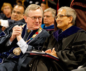 President Philip E. Austin shares a moment with Amartya Sen after Sen's address at the Graduate Commencement ceremony May 6.