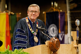 President Philip E. Austin at the afternoon Undergraduate Commencement ceremony May 7. 