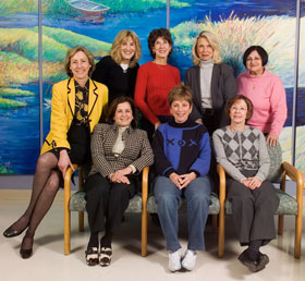 Dr. Carolyn Runowicz, left, director of the Neag Comprehensive Cancer Center, with volunteers in the Navigator Care Program: standing, from left, Arleen Wallach, Michelle Hudon, Judy Siegal, Anita Coury; seated, Ronni Breiter, Ellen Dworetsky, and Janice Goldsmith.