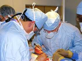 Dr. Lenworth Jacobs, left, chairman of the Health Center's traumatology department, and Dr. Thomas Russell, executive director of the American College of Surgery, demonstrate a surgical repair on a life-sized model.