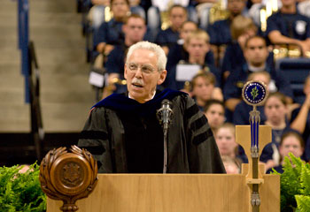 Michael Turvey, Board of Trustees Distinguished Professor of Psychology, addresses students during the Convocation ceremony for new students and their families held at Gampel Pavilion on Aug. 25.