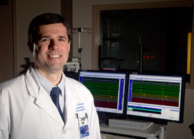 Dr. Mathias Stoenescu in the new electrophysiology lab at the Pat and Jim Calhoun Cardiology Center.
