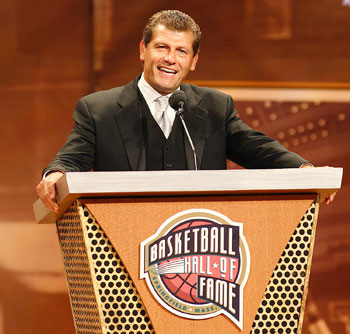 Geno Auriemma, head coach of women's basketball, gives a speech during his induction ceremony at the Basketball Hall of Fame Sept. 8
