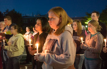 Students take part in a candlelight vigil on Fairfield Way, on the fifth anniversary of the Sept. 11 terrorist attacks.