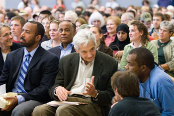 Howard Zinn, historian and political scientist, center, speaks with students before his talk at the Student Union Ballroom on Sept. 26.