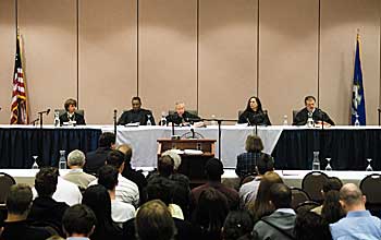 Justices Christine Vertefeuille, Flemming Norcott Jr., David Borden, Joette Katz, and Peter Zarella. The Connecticut Supreme Court held a session on the Storrs campus October 17.