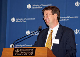 Ron Galloway, producer/director of the film Why Wal-Mart Works, speaks at the Wal-Mart Matters symposium at the UConn School of Law on Oct. 20.