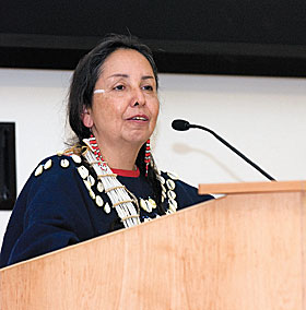 Charmaine White Face, author and activist for Native American rights, speaks at the Student Union Ballroom on Nov. 1 in honor of Native American Heritage Month.