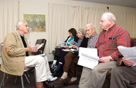 Tom Salter, a retired professor of English from Eastern Connecticut State University, teaches a class on William Blake's Marriage of Heaven and Hell. The class, held at the Depot Campus, is part of the Center for Learning in Retirement.