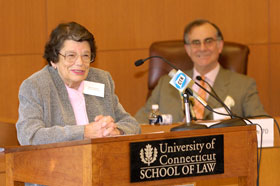 Retired Chief Justice Ellen Ash Peters of the State Supreme Court, author of the ruling in the Sheff v. O'Neill school desegregation case, speaks during a symposium Nov. 9. At right is Attorney Wesley Horton.