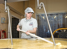 Jackie Patry, a 2005 graduate of the nutritional sciences program, stirs a whey mixture to form curd in the cheese room at the UConn dairy bar.