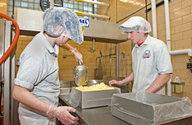 Jackie Patry and Zac Cavanaugh, a sophomore majoring in exercise science, pack the curd into trays to be pressed. 