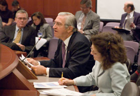 Dr. Peter Deckers, center, executive vice president for health affairs, testifies during the Appropriations Committee hearing. To the left is Pres. Philip E. Austin, and to the right is Lorraine Aronson, vice president and chief financial officer.