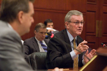 University President Philip E. Austin testifies to legislators, during a state budget hearing at the Capitol on Feb. 21.