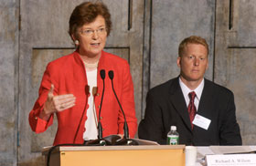 Richard Wilson, right, Gladstein Chair of Human Rights and director of the Human Rights Institute, listens to a presentation by Mary Robinson, former United Nations High Commissioner for Human Rights.