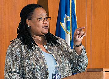 Evelynn Hammonds, senior vice provost for faculty development and diversity at Harvard University, gives a presentation “Race and Science: New Challenges to an Old Problem” in Konover Auditorium on April 4.