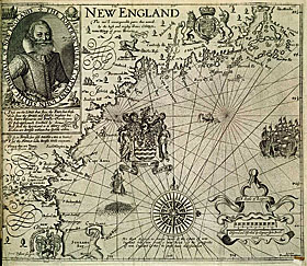 This image of New England appeared in the 1624 edition of a book by Capt. John Smith, whose picture is in the top left corner. Smith promoted the region now known as New England in hopes of attracting venture capital.