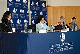 From left, Anne Melissa Dowling of USIG Strategy Mass Mutual, Lorraine Aronson of UConn, Lisa Douglas of Cigna Healthcare, and Sarah Kasacek of the Connecticut State Police, panelists at a conference on women in business.
