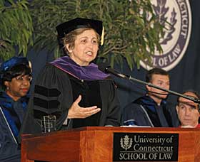 Nobel Peace Prize-winner Shirin Ebadi delivers the Commencement address at the School of Law on May 20.