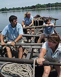 From left, student Mike Bokoff, Sarah Clement, a Mystic Seaport staffer, and professors Helen Rozwadowski and Mary K Bercaw Edwards, row a whale boat