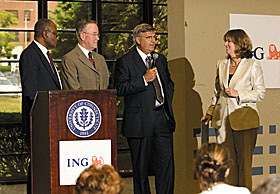 From left, Mohamed Hussein, interim dean of business, Provost Peter J. Nicholls, Bob Crispin, CEO of ING Investment Management, and Kathleen Murphy, CEO of ING US Wealth Management, during a press conference held at ING in Hartford in June.