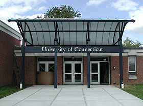 The main entrance to the Torrington Campus is undergoing renovation and has a new canopy, thanks to UConn 2000. 