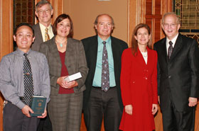 Secretary of the State Susan Bysiewicz, second from right, dedicated this year's Blue Book to the Stem Cell Initiative during a ceremony at the State Capitol on October 3. From left are Prof. Ren-He Xu, Dr. David Rowe, Prof. Anne Hiskes, Dr. Marc Lalande, and President Michael J. Hogan.