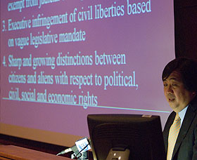 Harold Hongju Koh, dean of the Yale Law School, delivers the Raymond and Beverly Sackler Human Rights Lecture at Konover Auditorium on October 2.