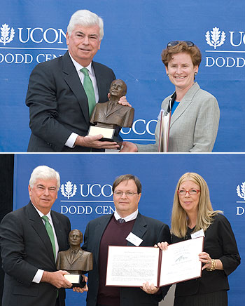 Senator Christoper Dodd, left, presents the 2007 Thomas J. Dodd Prize in International Justice and Human Rights to Pamela Merchant of the Center for Justice and Accountability (above) and Eric Rosenthal and Laurie Ahern of Mental Disability Rights International, on October 1.