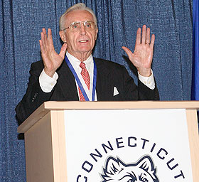 Dee Rowe, former head coach of Men’s Basketball who remains active at the University, was presented with the University Medal during a dinner on Oct. 2.