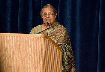 Peace activist Ela Gandhi, granddaughter of Mahatma Gandhi and a former member of the South African Parliament, delivers an address at the Student Union Theatre on Oct. 4.