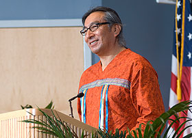 Environmental activist Jim Enote gives the keynote presentation during a conference on human rights and the environment in the Student Union Oct. 23.