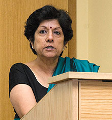 Neelam Deo, Consul General of India, speaks about India’s political and economic growth during a lecture in the Class of ’47 Room on Nov. 2.