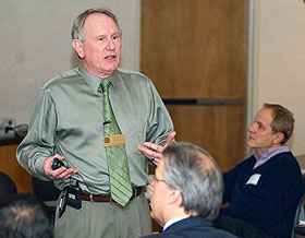 Keith Barker, director of the Institute for Teaching and Learning, gives a presentation on engaging large classes.