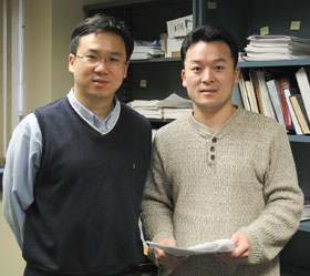 Lei Zhu, left, associate professor, and Yong Wang, assistant professor of chemical, materials, and biomolecular engineering, have a grant from the National Science Foundation to develop artificial antibodies.