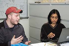 Statistics professor Nalini Ravishanker, right, with advisee Ross Yudowitch, a sophomore majoring in mathematics and statistics.