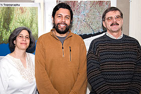 Biology graduate student J. Pablo Arroyo, center, received a fellowship from the Center for Environmental Sciences and Engineering for an interdisciplinary project with Robin Chazdon, left, professor of ecology and evolutionary biology, and Daniel Civco, professor of natural resources management and engineering.